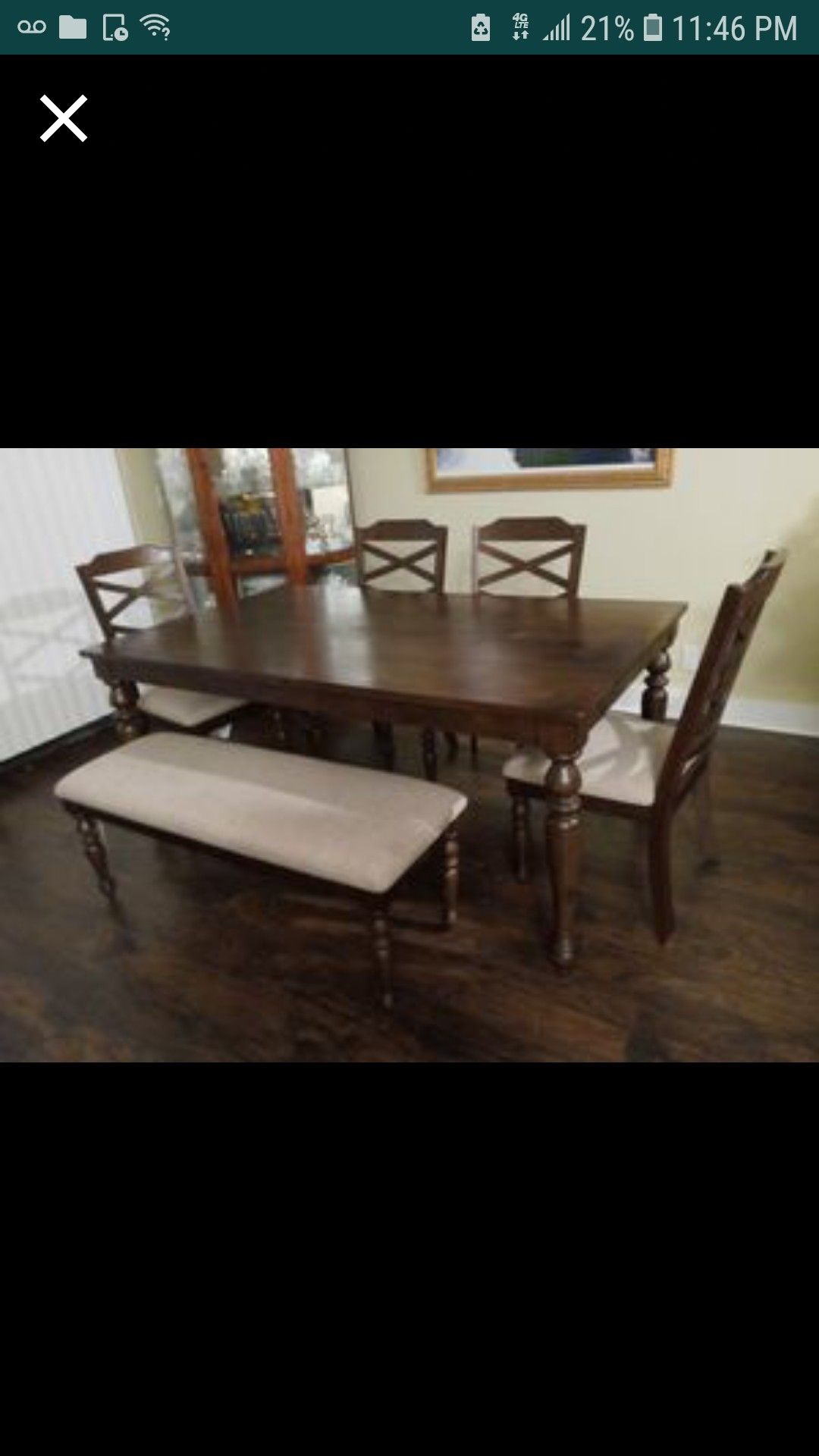 Farmhouse kitchen table with chairs and bench