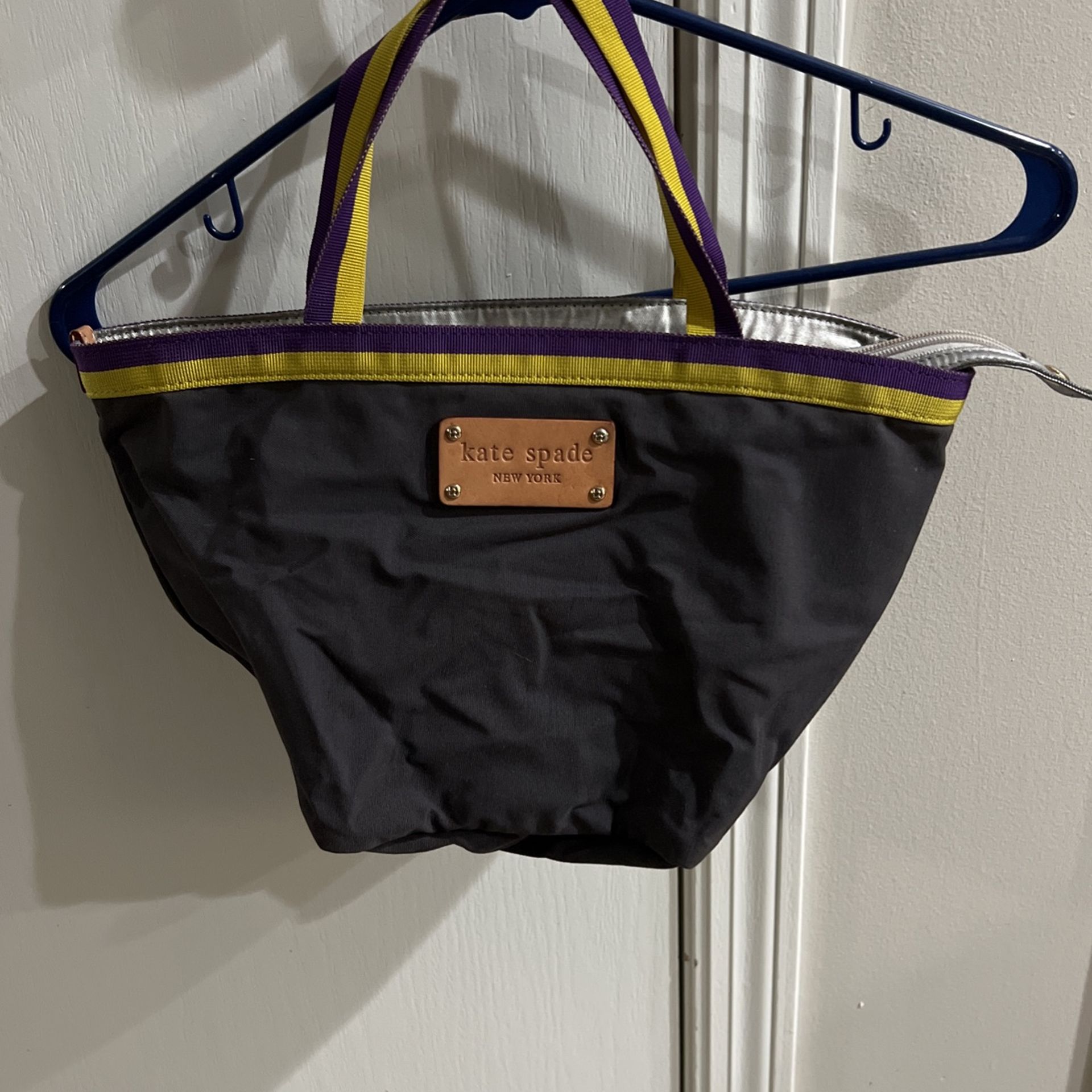 Kate Spade Collapsible Canvas Leather Small Tote Snap Bag Brown Yellow Purple