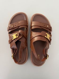 CELINE Brown Leather Strappy Ankle Strap Buckle Logo Flat Sandals EU 38