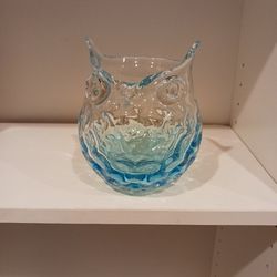 Aqua Glass Owl Vase