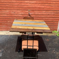 Rustic Cafe Table Made From Recycled Barn Wood & Two Chairs 