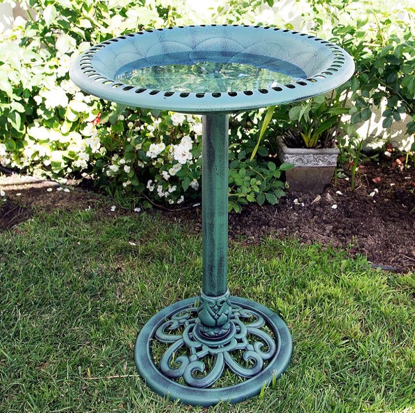 Alpine Corporation TEC116 Outdoor Aged Green Pedestal Birdbath with Scrollwork, 28" Tall, Green