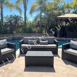 NEW🔥Outdoor Patio Furniture 4 Pc Black Wicker Grey Cushions Conversation Set Storage Table