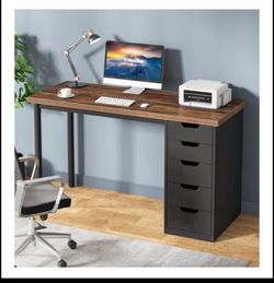 Tribesigns Computer Desk with 5 Drawers, 47 inches Rustic Brown Home Office Desk with Storage