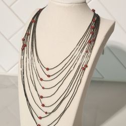 VTG Navajo 23" Sterling Liquid Silver and Coral 5 Strand Necklace 26.8 Grams