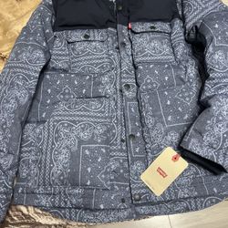 New Blue Levi's Men's Mixed Media Quilted Puffer Jacket with Sherpa Lined Collar Size Medium 
