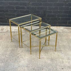 Vintage Brass Italian Hollywood Regency Side Nesting Tables with Glass Tops, c.1960’s-Delivery Available