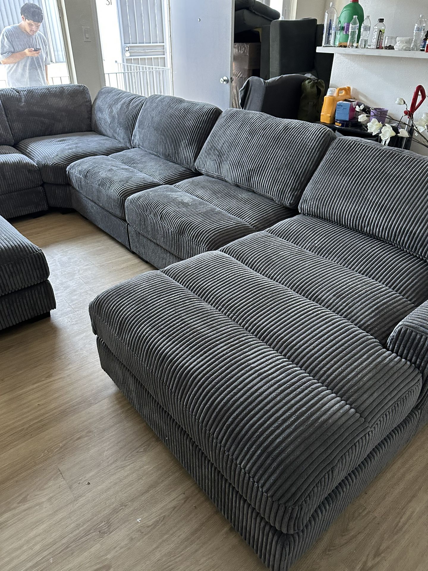 Modular Sectional 7 Pc  New Sectional  Color Gray Wide-welt Corduroy  Sofa Armless Chaise  and ottoman Sectional xl