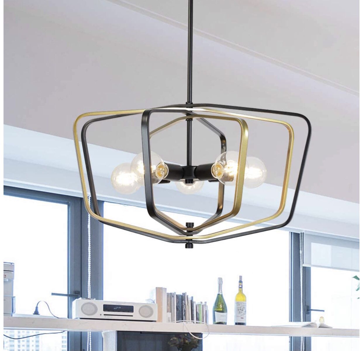 5 Light VINLUZ Farmhouse Pendant Lighting w Golden Metal &Clear Glass Kitchen Light Fixtures