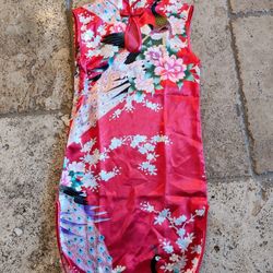 Kid Girl Chinese Chongsam Qipao Dress Sleeveless Satin Floral Peacock US 6/7