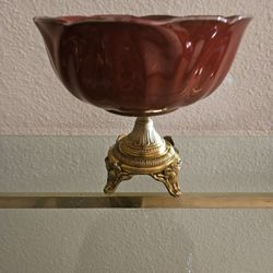Red & Gold Ceramic Claw footed bowl    10" Long by 7" high.     