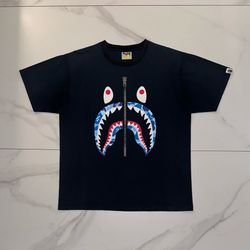 BAPE ABC Camo Shark Silver Zip Tee Black/Blue Size Large
