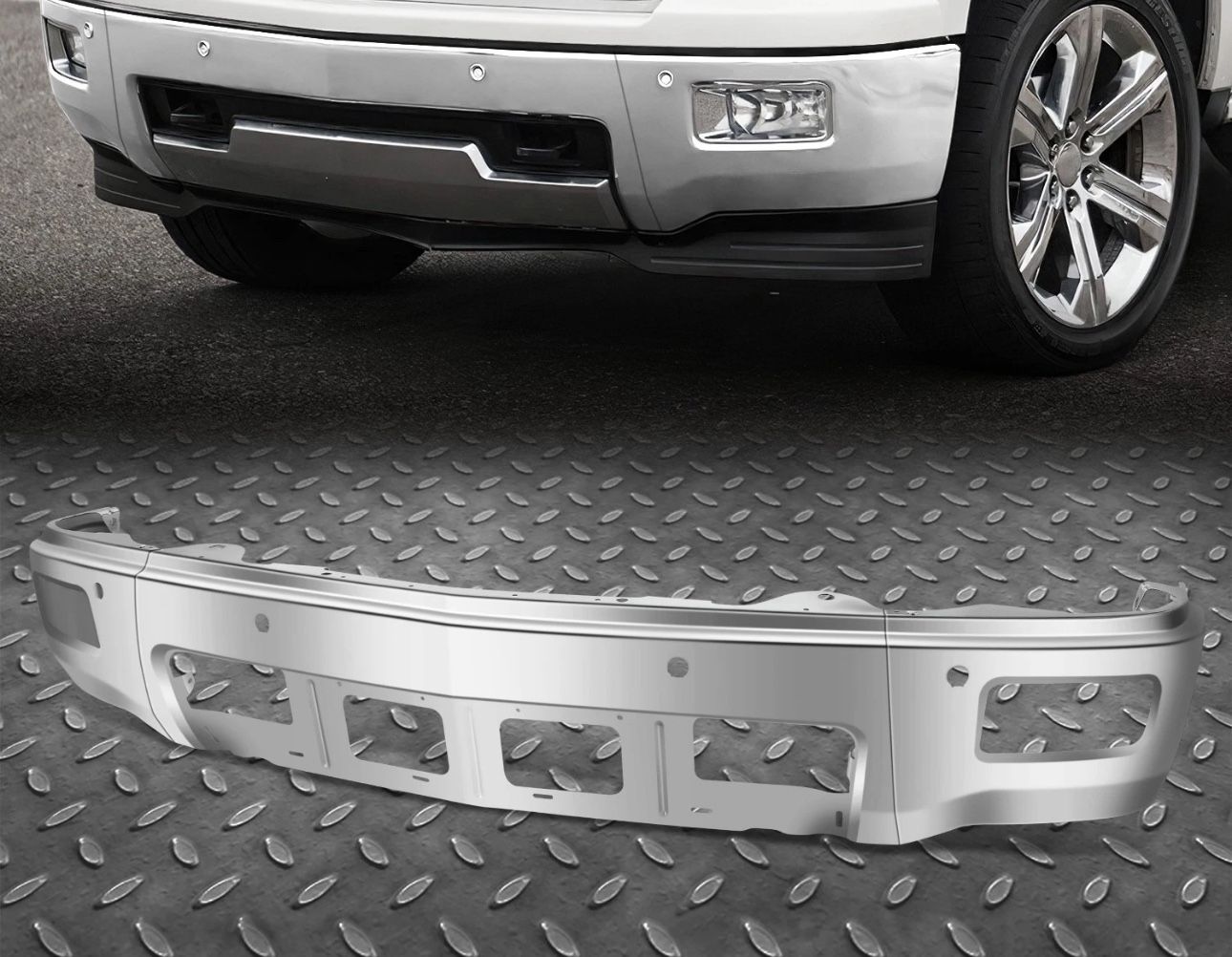 Chrome Steel Front Bumper For 14-15 Chevy Silverado 1500 With Fog Light Holes and Parktronic holes