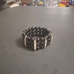 Fashion Costume Jewelry, Triple Strand Black Beaded Stretch Cuff  Bracelet Accented With Vertical Silvertone Rhinestone Bar Spacers