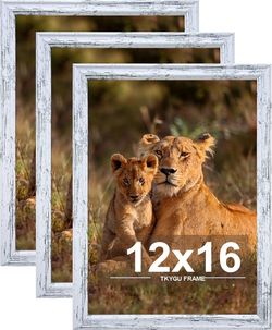 12x16 Picture frame set of 3, Woode frames Rustic White Wall Mounting Horizontally or Vertically, 12 by 16 Wall Gallery Poster Photo Frame with Shatte