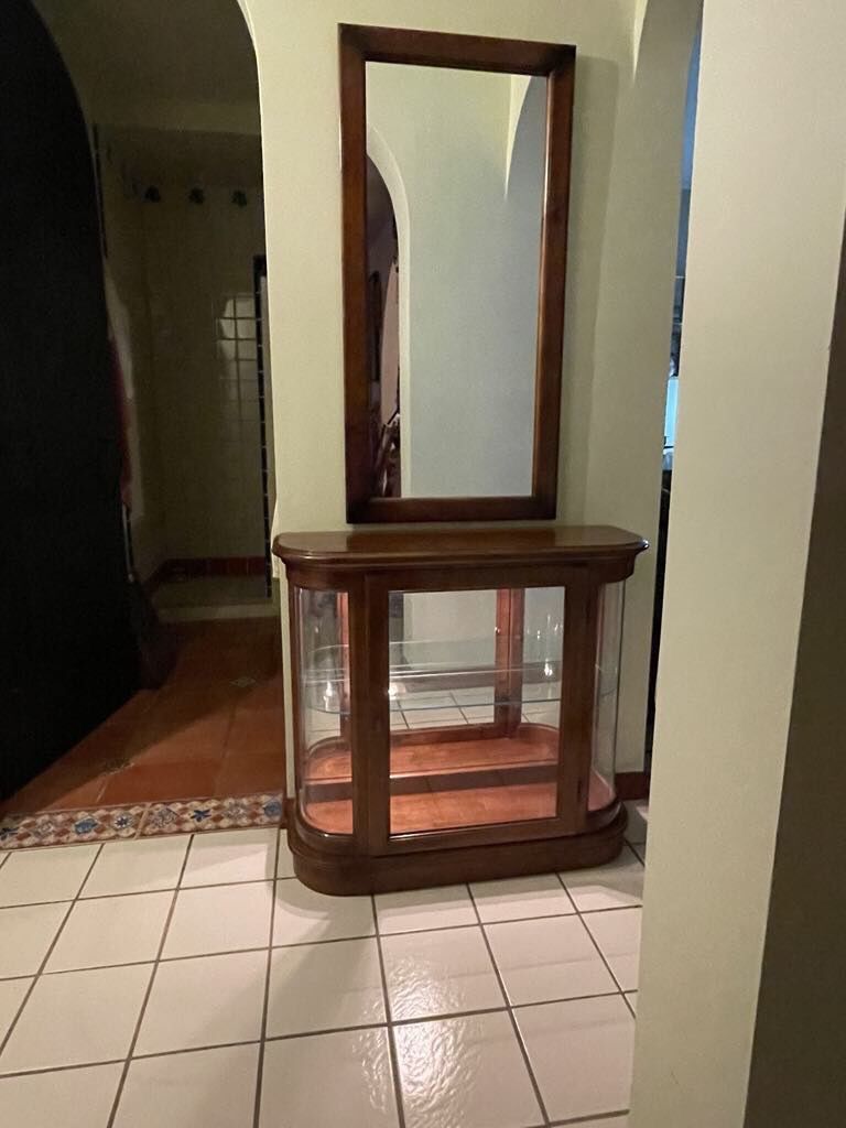 VINTAGE LIGHTED CABINET WITH HANGING MIRROR