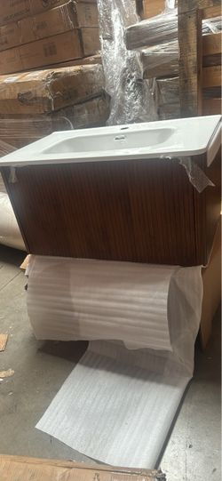 30" Modern Walnut Bathroom Vanity Sink Cabinet Combo with Soft Close Drawers, Glossy White Ceramic Sink, Wall-Mount Installation