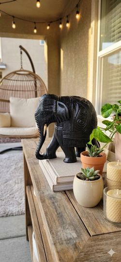 🐘 7" Black Carved Wooden Elephant Statue | Rustic Ethnic HomeDecor