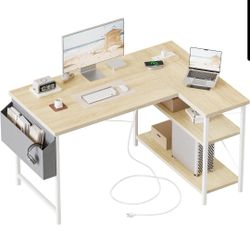 L Shaped Computer Desk with Power Outlets Reversible Corner Gaming Desk Storage Shelves