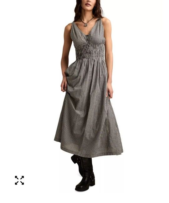 Lucky Brand Cotton Black White Gingham V-Neck Smocked-Waist Maxi Dress sz S NWOT