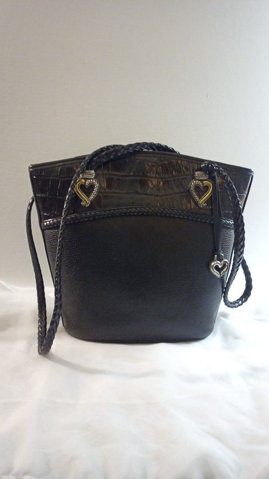 Vintage BRIGHTON Black Leather Bucket Tote Handbag