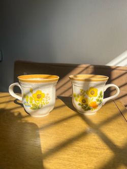 Vintage Floral Stoneware Coffee Mugs Set of 2