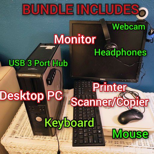COMPLETE Office/WFH Work from Home PC Computer Monitor Printer Scanner Webcam Mouse Keyboard Headphones USB Hub Accessories 