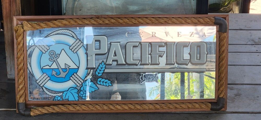 Pacifico Beer Cerveza Framed Mirror bar Man Cave Sign Very Cool Mirror Beer Sign