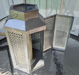 Silver Metal Decorative Cut Out Candle Lanterns w/ Handles & Door 9.5" Tall