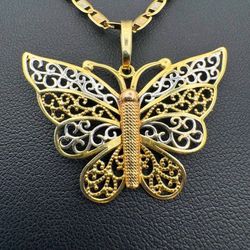 14k three tone gold butterfly pendant charm & Valentino link 20” chain Necklace 2.4mm 8 grams