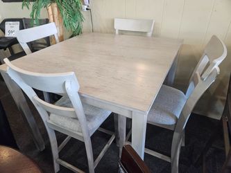 Brand new natural counter high dining table (42"x42"x36") + 4 gray linen chairs