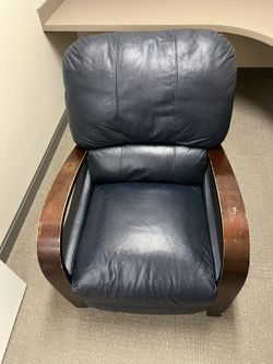 Genuine Leather Recliner Chair – Navy Blue – Curved Wood Arms