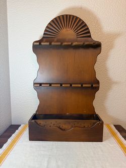 Vintage Crescent Top Wood Holder Rack 12 Spoons Wall Hanging With Cooper Insert