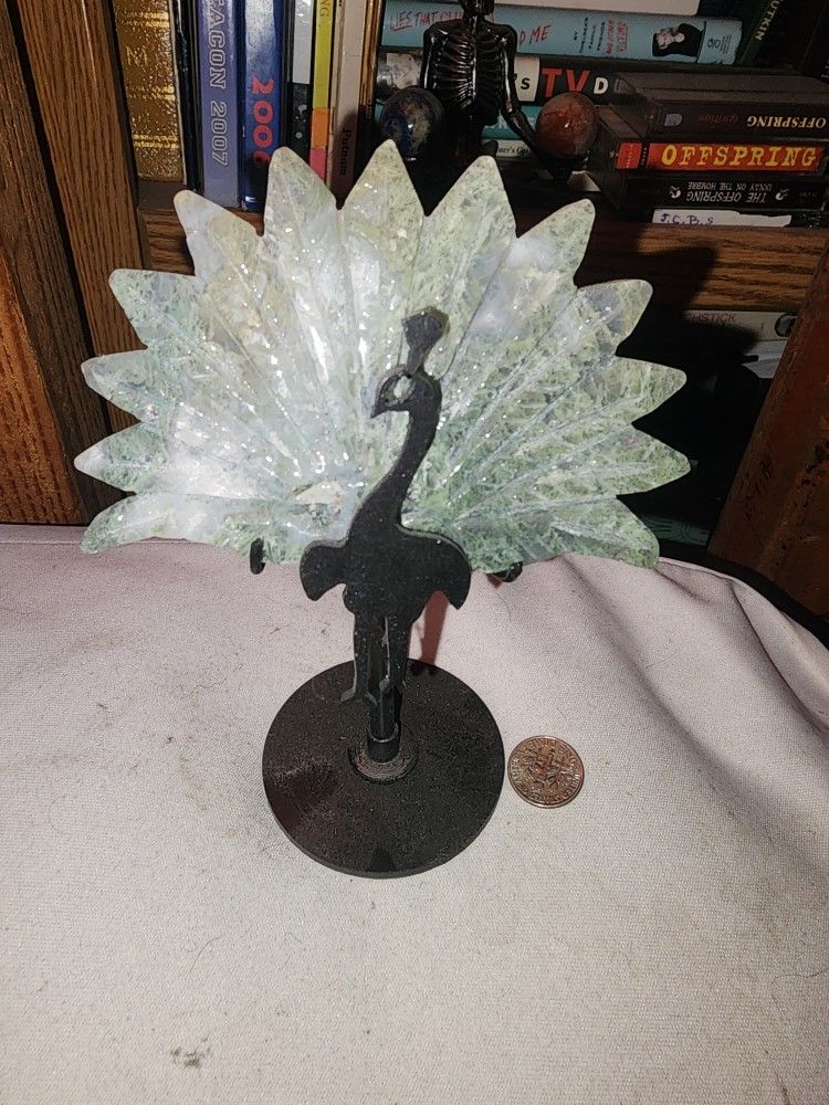 Moss Agate Peacock With Stand