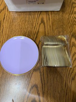 Lavender Gold Rim Plastic Plates Set