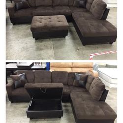 Brown Microfiber Sectional Couch And Ottoman 