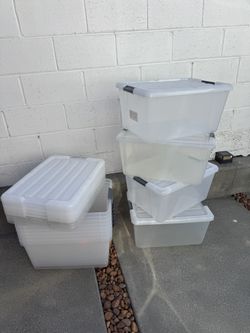 45 Qt Clear Storage Boxes – Stackable Plastic Storage Containers with Secure Lids (Used, Good Condition)
