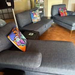 3pieces Ligth Blue/grey Sofa / Include Pillows And Small Cusiony Side 
