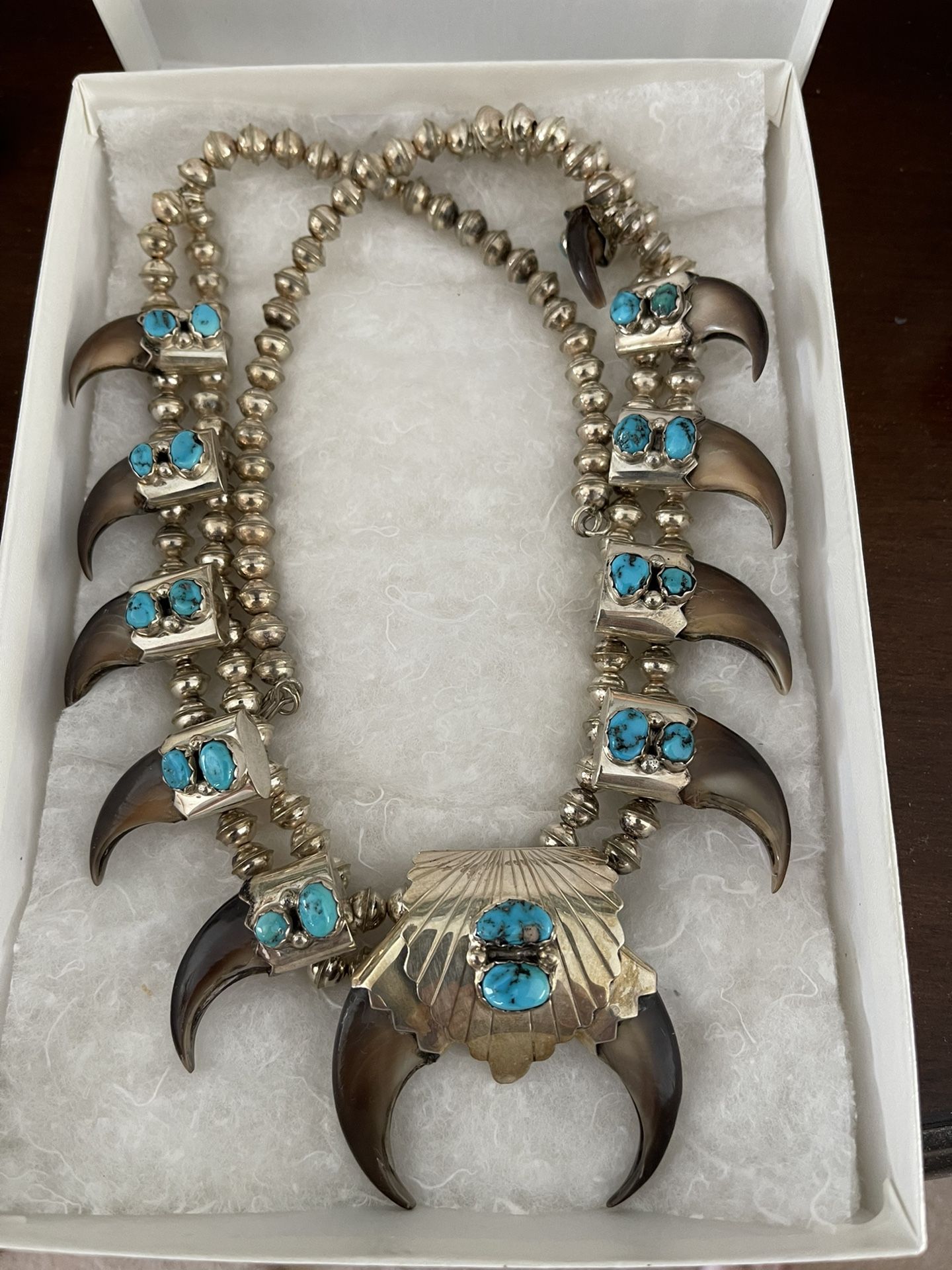 Authentic Navajo Silver & Turquoise Bear Claw Necklace