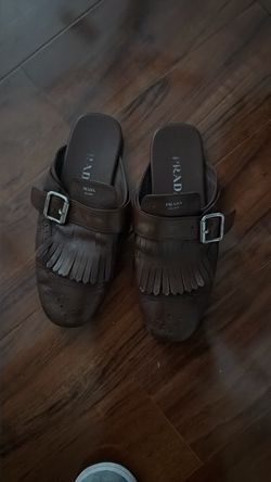 Prada Milano Leather Fringe Buckle Slides