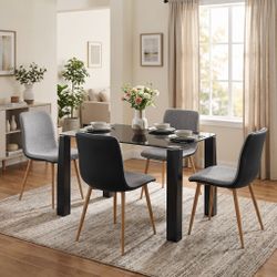 Homy Casa PIRLO+SCARGILL 5PC Dining Set 47.2” Glass Table with 4 Scargill Grey & Black PU Oak-Leg Chairs Open Box