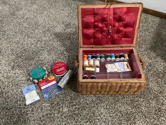 Wicker Sewing Basket with Thread and Supplies