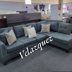 
✅️"2 pc Grey color  like velvet fabric sectional sofa with chaise and nail head trim"✅️