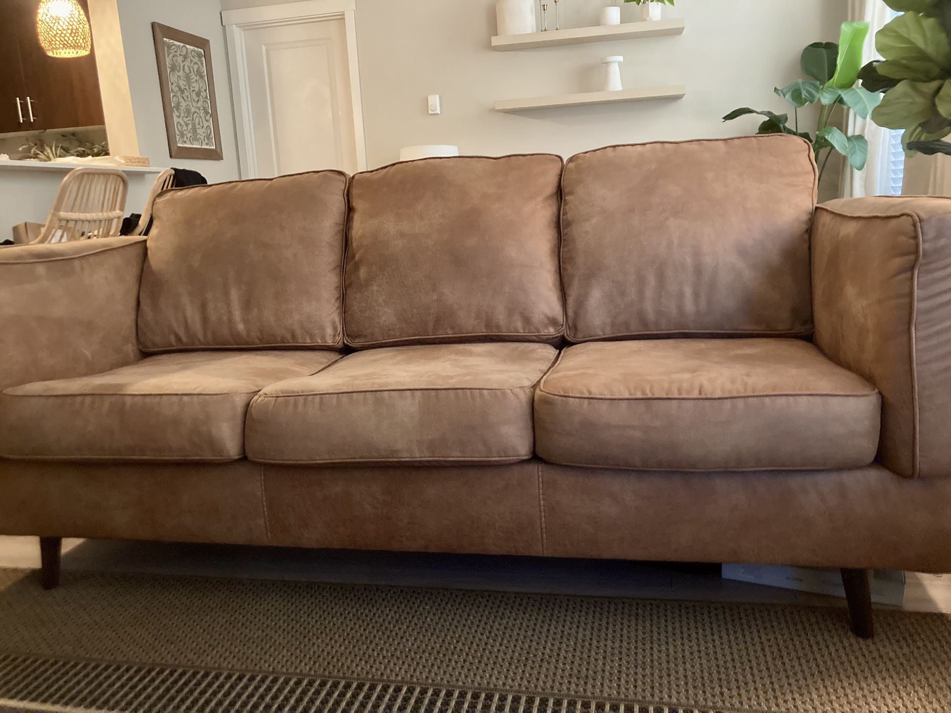 Mid century Modern Caramel Brown Faux Leather Sofa