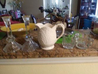 Crystal candle holders, creamers and small picture