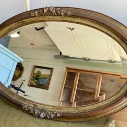 Antique Oval Beveled Glass Wall Mirror with Carved Rose Frame