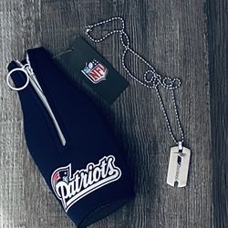 New England Patriots Zip Up Bottle Cooler + Stainless Steel Pendant On A 22” Chain Necklace New Christmas Gift SHIPPING ONLY 
