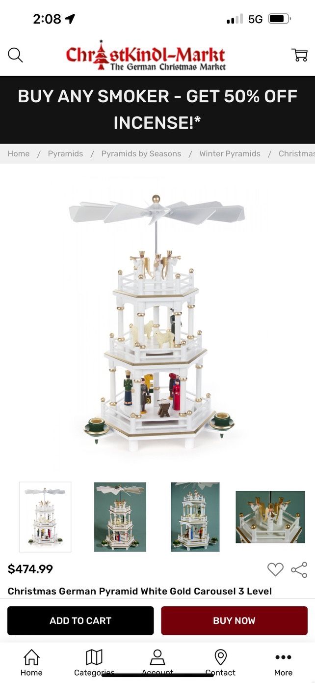 Christmas German Pyramid White Gold Carousel 3 Level