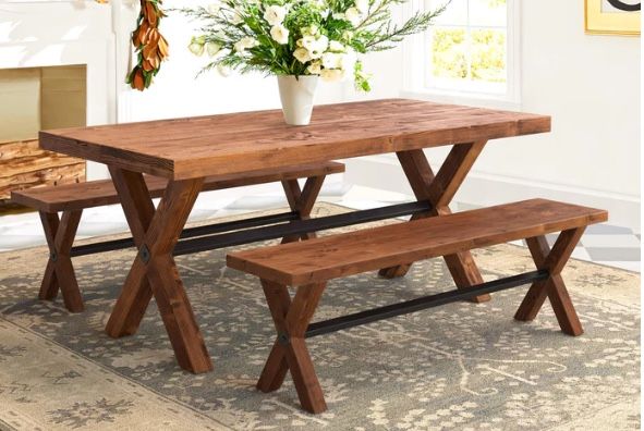 Carlton Wood Dining Table and Bench Brown