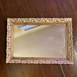 Vtg Gold White Ornate Metal Framed Vanity Mirror Tray 11x17” Hollywood Regency